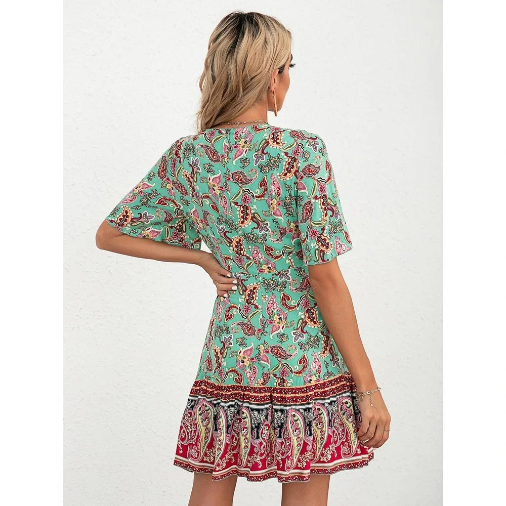 Paisley Floral Print Tie Front Flutter Sleeve Ruffle Hem Dress boho - Picture 2 of 6